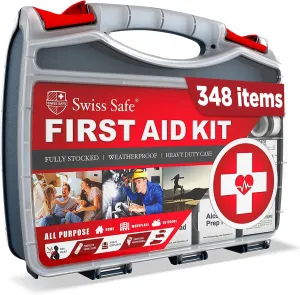 Swiss Safe 2-in-1 First Aid Kit for Car, Travel & Home, Businesses - Bonus Mini Kit for Medical Emergency Aid, Survival, Camping - FSA & HSA Eligible - 348 Pcs, Large Hardcase FAK