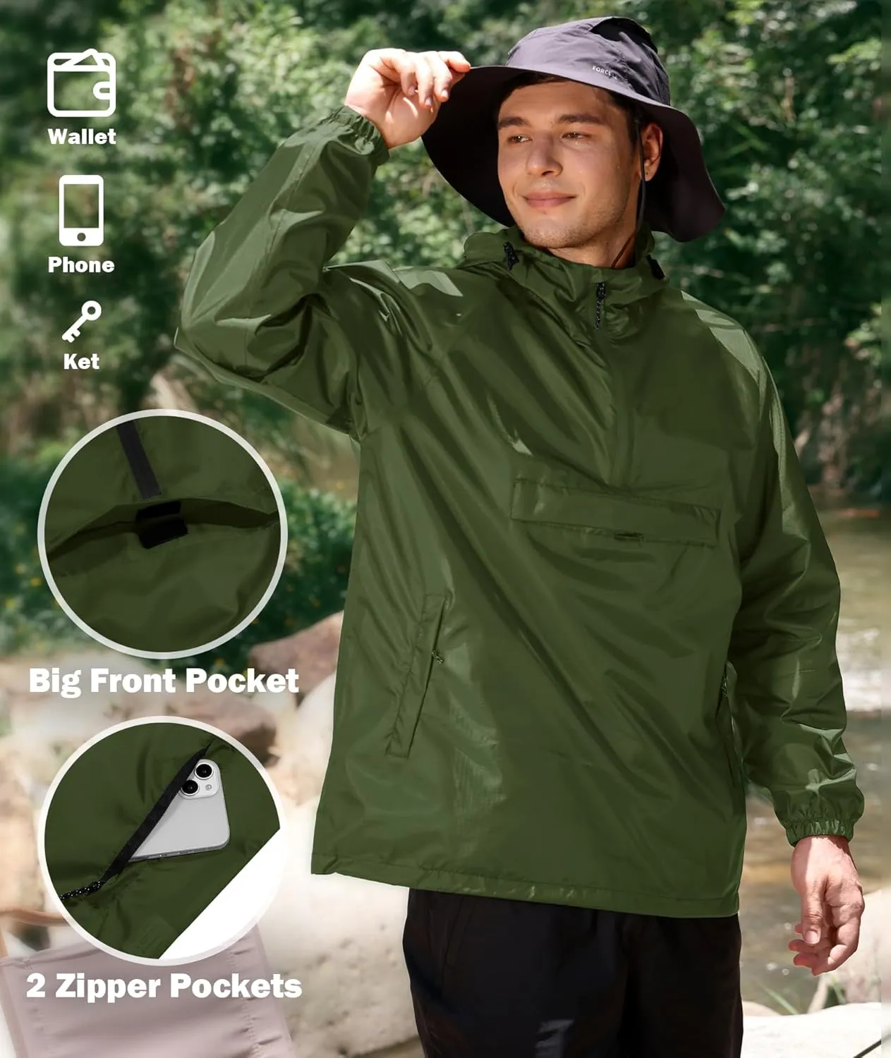 SWISSWELL Men's Rain Jacket Waterproof Lightweight Packable Pullover Windbreaker with Hood for Travel Hiking Golf