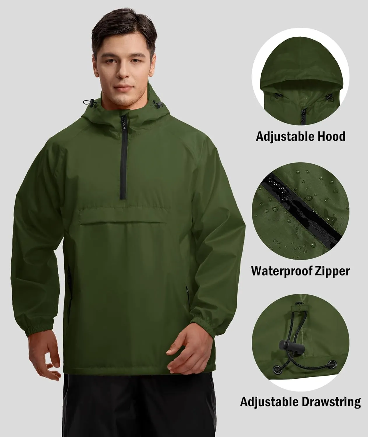 SWISSWELL Men's Rain Jacket Waterproof Lightweight Packable Pullover Windbreaker with Hood for Travel Hiking Golf
