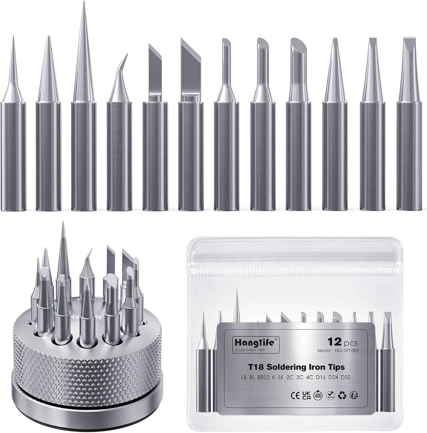T18 Soldering Iron Tips with Tip Holder for Hakko FX-888D FX-888 FX8801 FX-600, and More Soldering Stations/Guns - Replacement Solder Tips for Welding Equipment & Accessories (12 pcs)