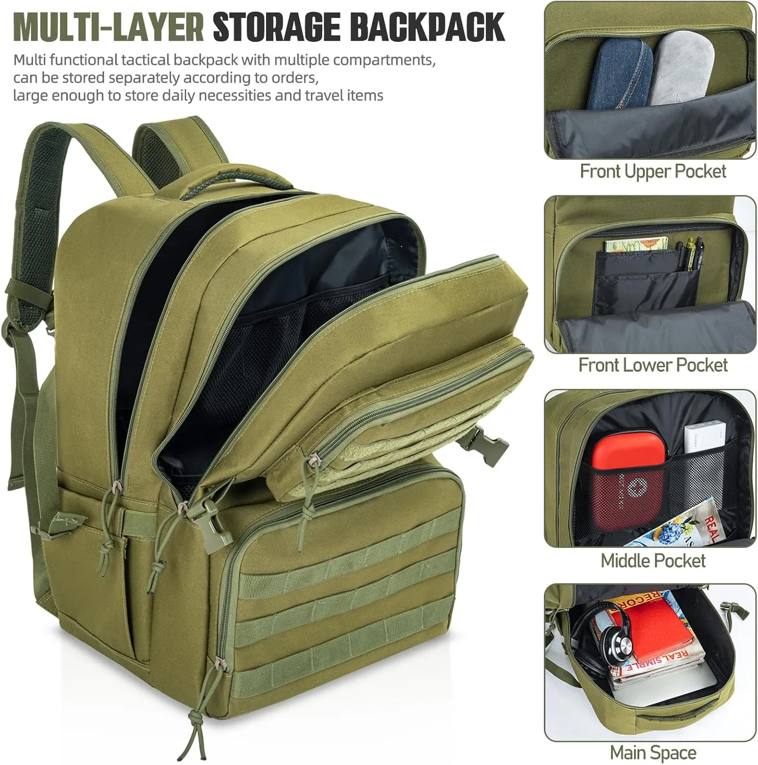 Tactical Backpack Water-resistant Military MOLLE Assault Backpack Bag for Hunting Camping Travel,13" Lx 12" W x 20" H Green