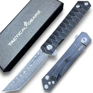 TACTICAL GEARZ Damascus Pocket Folding Knife, Solid Tc4 Titanium Handle, 67 Multi-Layered Damascus VG10 Steel Tanto Blade (Saint DXT)