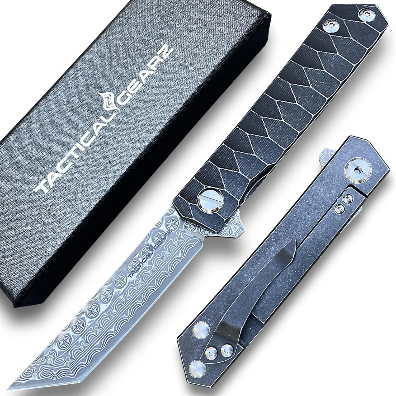 TACTICAL GEARZ Damascus Pocket Folding Knife, Solid Tc4 Titanium Handle, 67 Multi-Layered Damascus VG10 Steel Tanto Blade (Saint DXT)