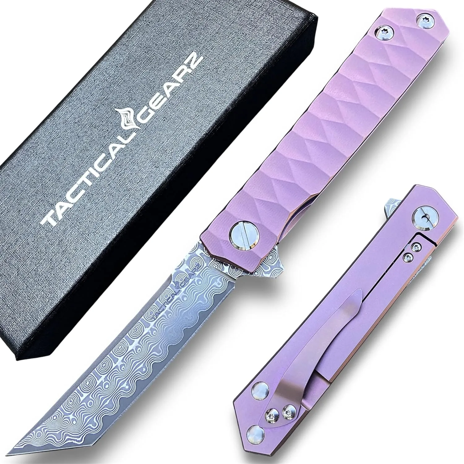 TACTICAL GEARZ Damascus Pocket Folding Knife, Solid Tc4 Titanium Handle, Multi-Layered Damascus Steel VG10 Blade, Includes Sheath (Saint XT RoseGold)