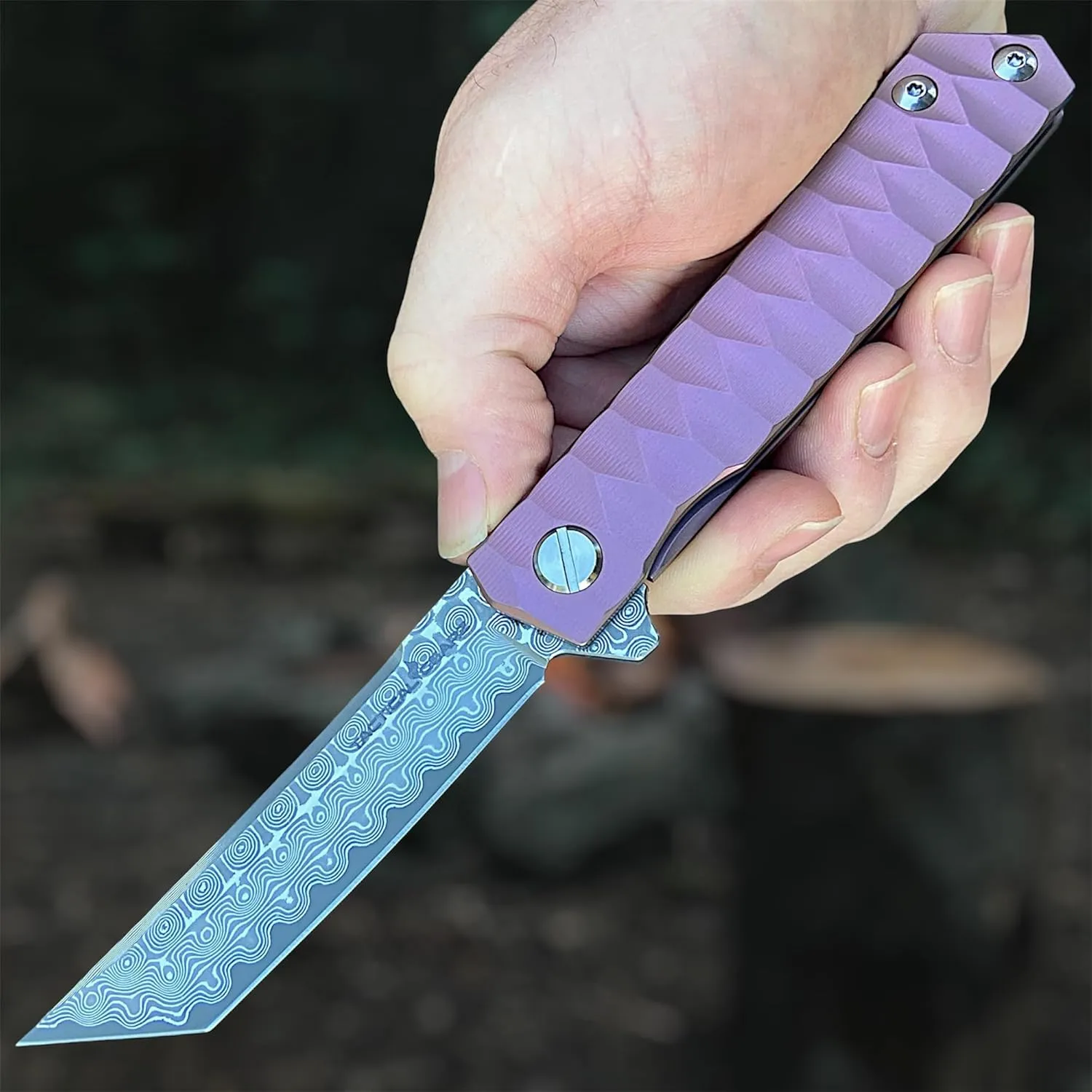 TACTICAL GEARZ Damascus Pocket Folding Knife, Solid Tc4 Titanium Handle, Multi-Layered Damascus Steel VG10 Blade, Includes Sheath (Saint XT RoseGold)