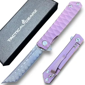 TACTICAL GEARZ Damascus Pocket Folding Knife, Solid Tc4 Titanium Handle, Multi-Layered Damascus Steel VG10 Blade, Includes Sheath (Saint XT RoseGold)
