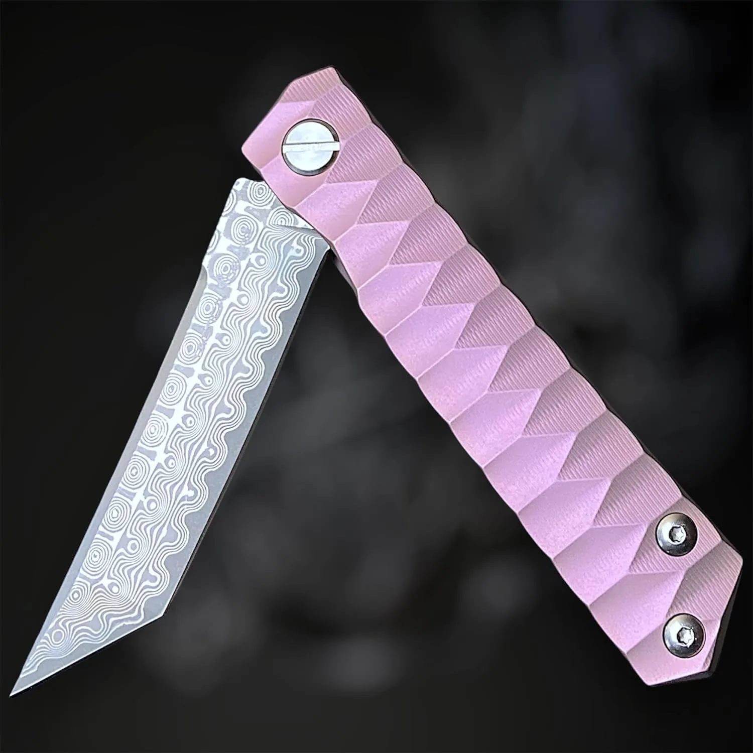 TACTICAL GEARZ Damascus Pocket Folding Knife, Solid Tc4 Titanium Handle, Multi-Layered Damascus Steel VG10 Blade, Includes Sheath (Saint XT RoseGold)
