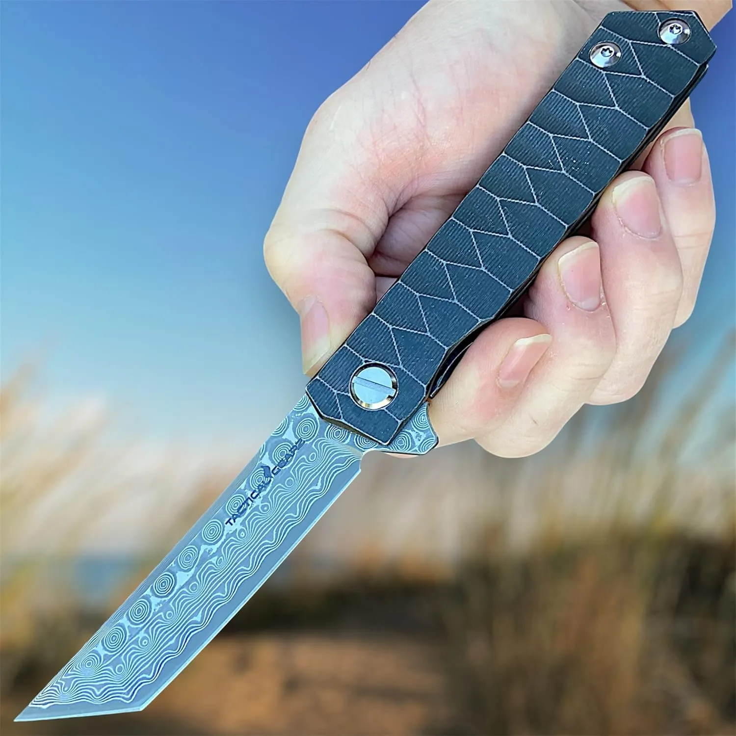 TACTICAL GEARZ Damascus Pocket Folding Knife, Solid Titanium Handle, 67 Multi Layers Damascus VG10 Steel Tanto Blade (Saint DXT Beast Bundle)