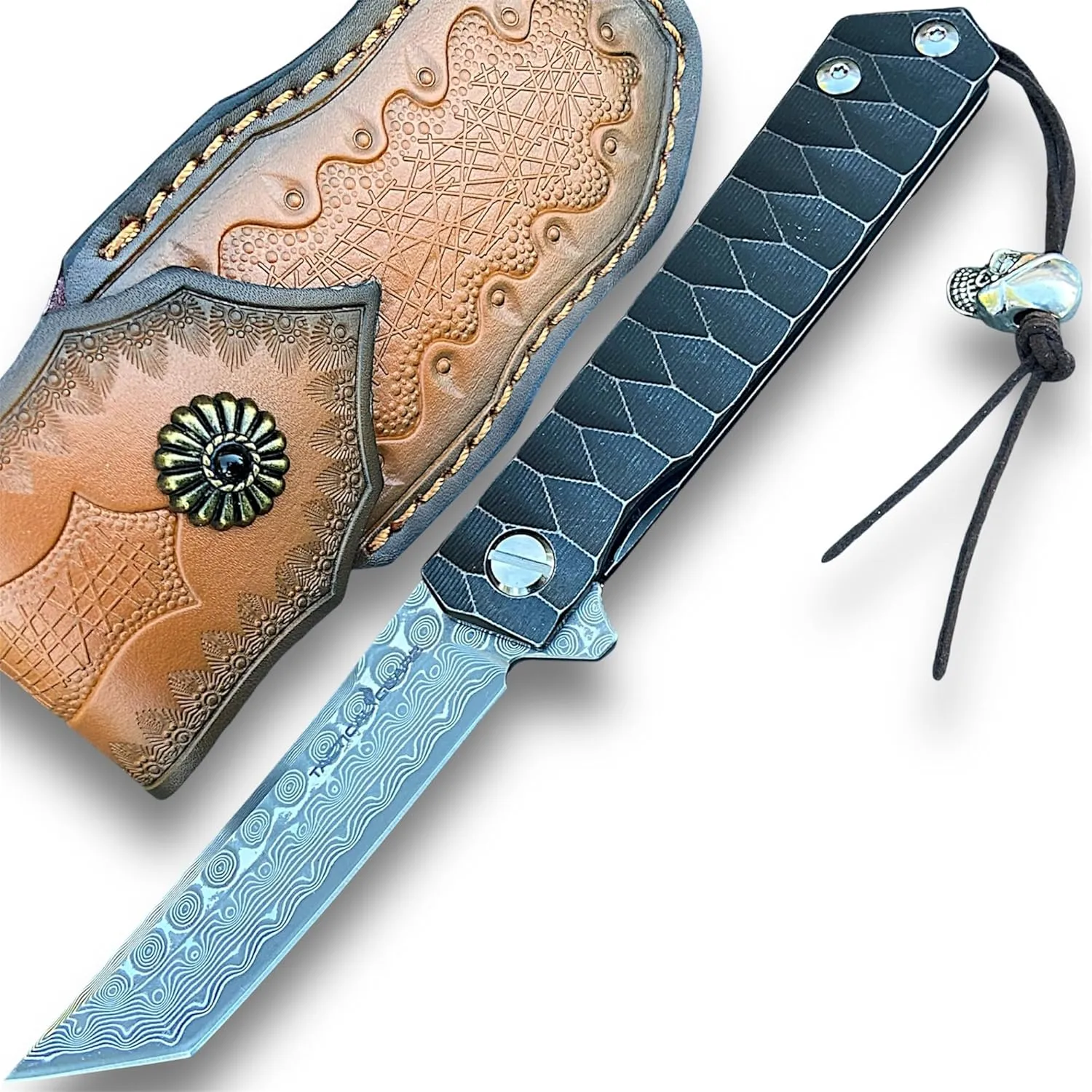 TACTICAL GEARZ Damascus Pocket Folding Knife, Solid Titanium Handle, 67 Multi Layers Damascus VG10 Steel Tanto Blade (Saint DXT Beast Bundle)