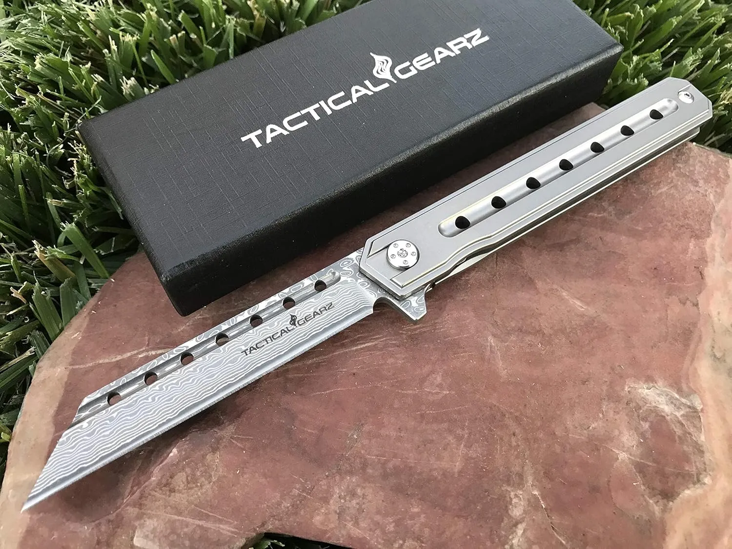 TACTICAL GEARZ Damascus Pocket Knife, Onyx XT, Tc4 Titanium Handle, 67 Multi Layered Damascus Blade & VG10 Core (XT Platinum Beast Bundle)