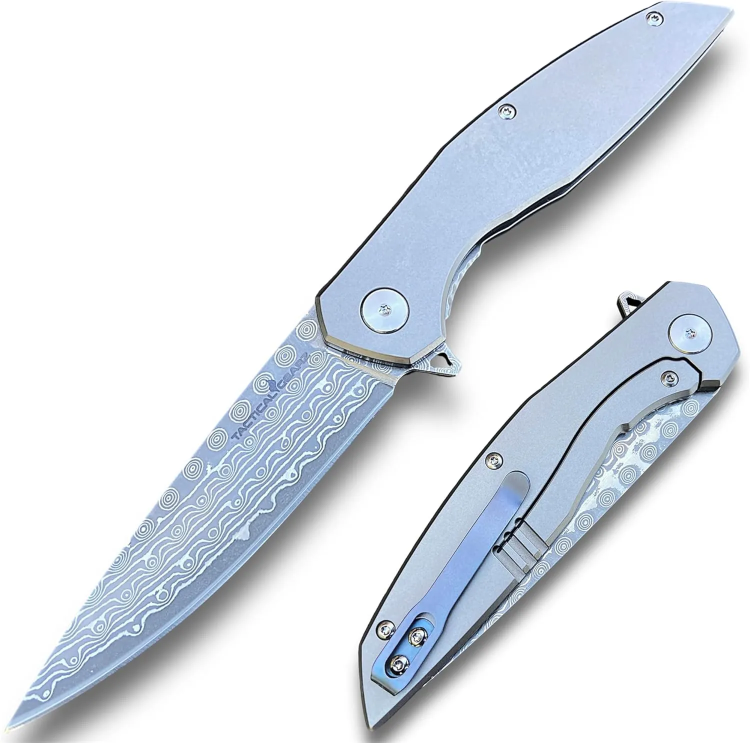 TACTICAL GEARZ Damascus Pocket Knife, Tc4 Titanium Handle, 67 Multi Layered Damascus Steel Blade w/VG10 Core (Volan XT Beast Bundle)