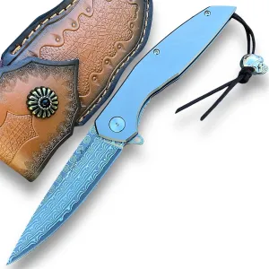 TACTICAL GEARZ Damascus Pocket Knife, Tc4 Titanium Handle, 67 Multi Layered Damascus Steel Blade w/VG10 Core (Volan XT Beast Bundle)