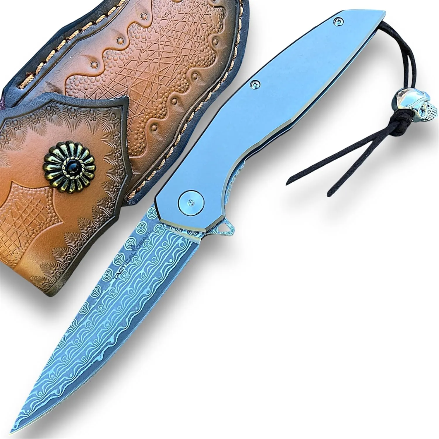 TACTICAL GEARZ Damascus Pocket Knife, Tc4 Titanium Handle, 67 Multi Layered Damascus Steel Blade w/VG10 Core (Volan XT Beast Bundle)