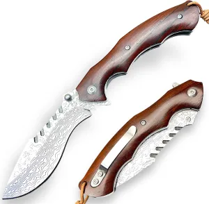 TACTICAL GEARZ Damascus Steel Pocket Folding Knife, Custom Natural Rosewood Handle, DAO Multi-Layered Damascus Steel Blade (Kona XS)