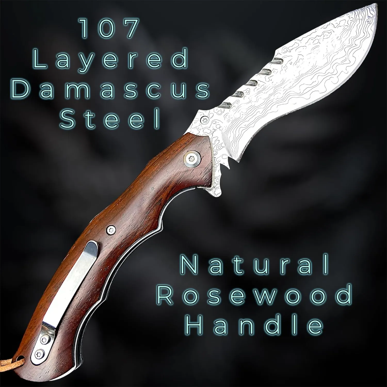 TACTICAL GEARZ Damascus Steel Pocket Folding Knife, Custom Natural Rosewood Handle, DAO Multi-Layered Damascus Steel Blade (Kona XS)