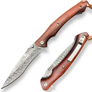 TACTICAL GEARZ EDC Damascus Steel Pocket Folding Knife, Natural Rosewood Handle, 107 Layered VG10 Damascus Steel Blade (Kanui XT)