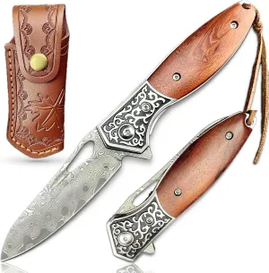TACTICAL GEARZ Pocket Folding Knife w/Damascus Blade, Rosewood/Steel Handle, Includes Custom Stitched Leather Sheath (Keno)