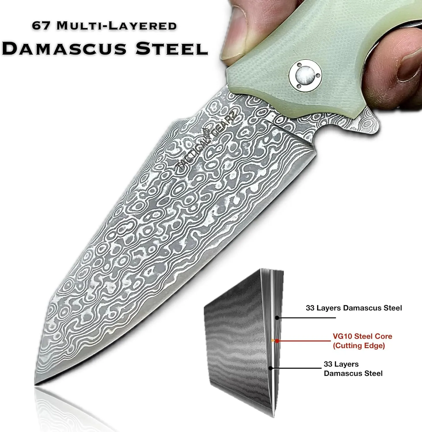 TACTICAL GEARZ Pocket Knife, Multi Layered Damascus Steel Blade w/VG10 Core, G10 Handle (Ice Vex XT)