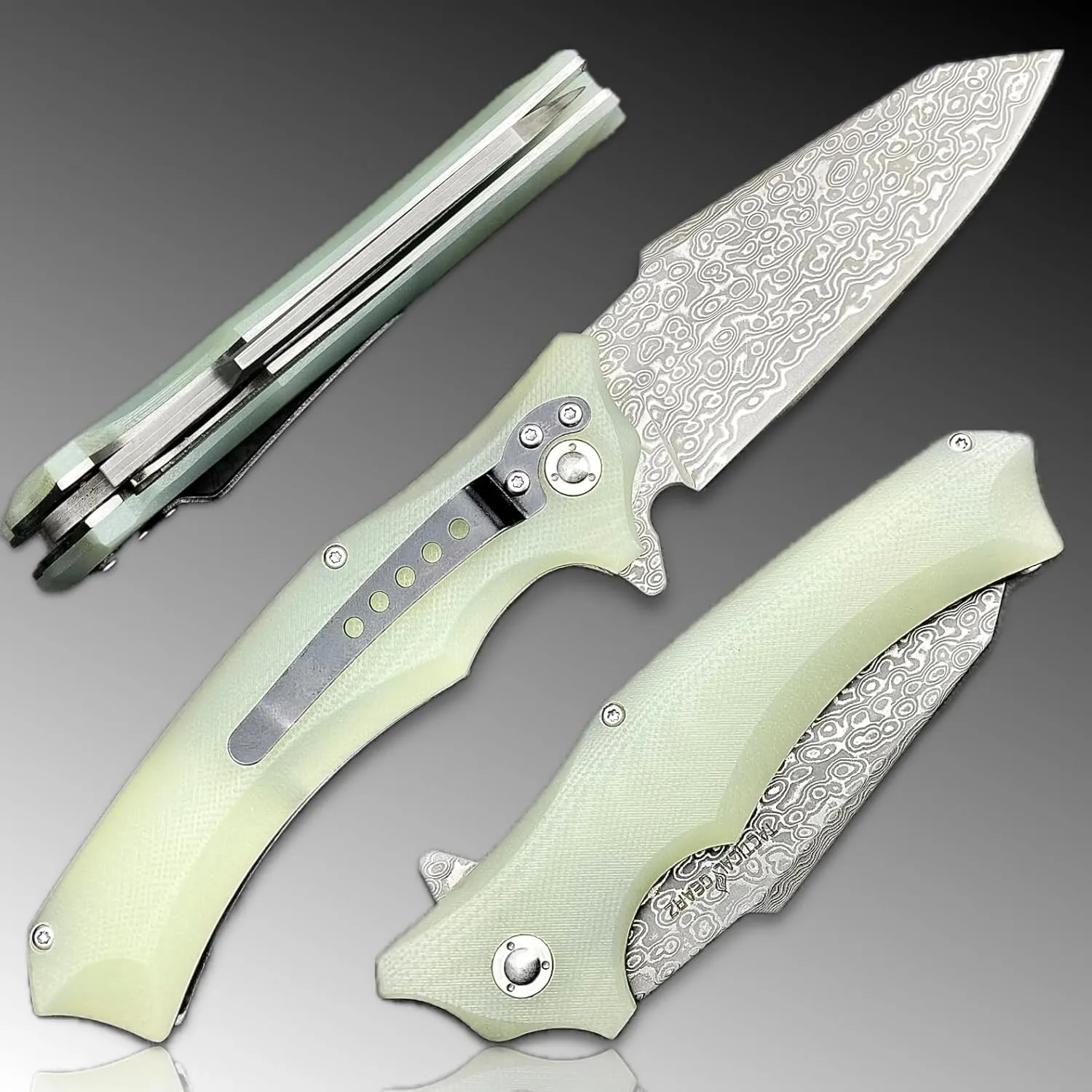 TACTICAL GEARZ Pocket Knife, Multi Layered Damascus Steel Blade w/VG10 Core, G10 Handle (Ice Vex XT)