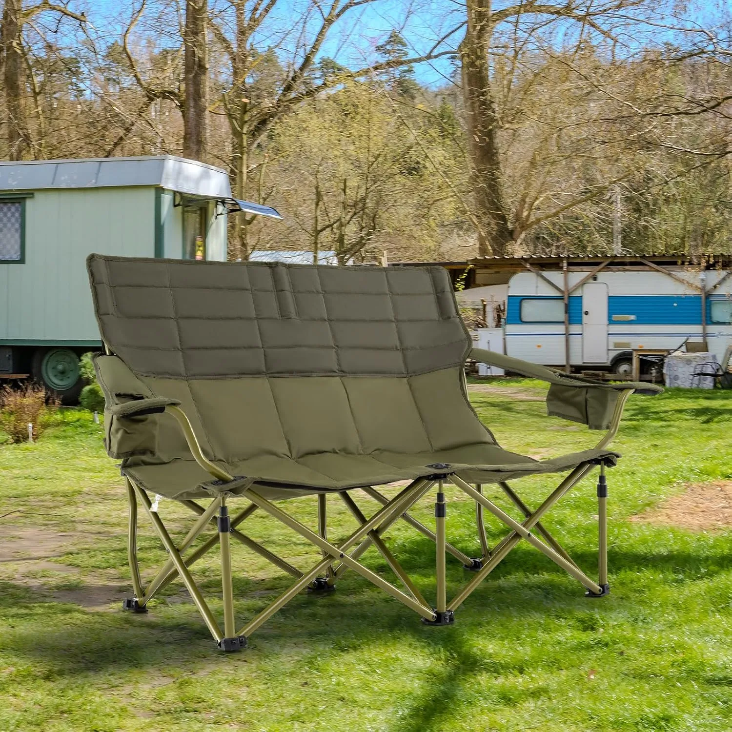Tangkula 2 Person Oversized Camping Chair, Fully Padded Folding Loveseat Camp Chair with Adjustable Armrests, Cup Holders, Carrying Bag, Portable Double Outdoor Lawn Chair for Camping