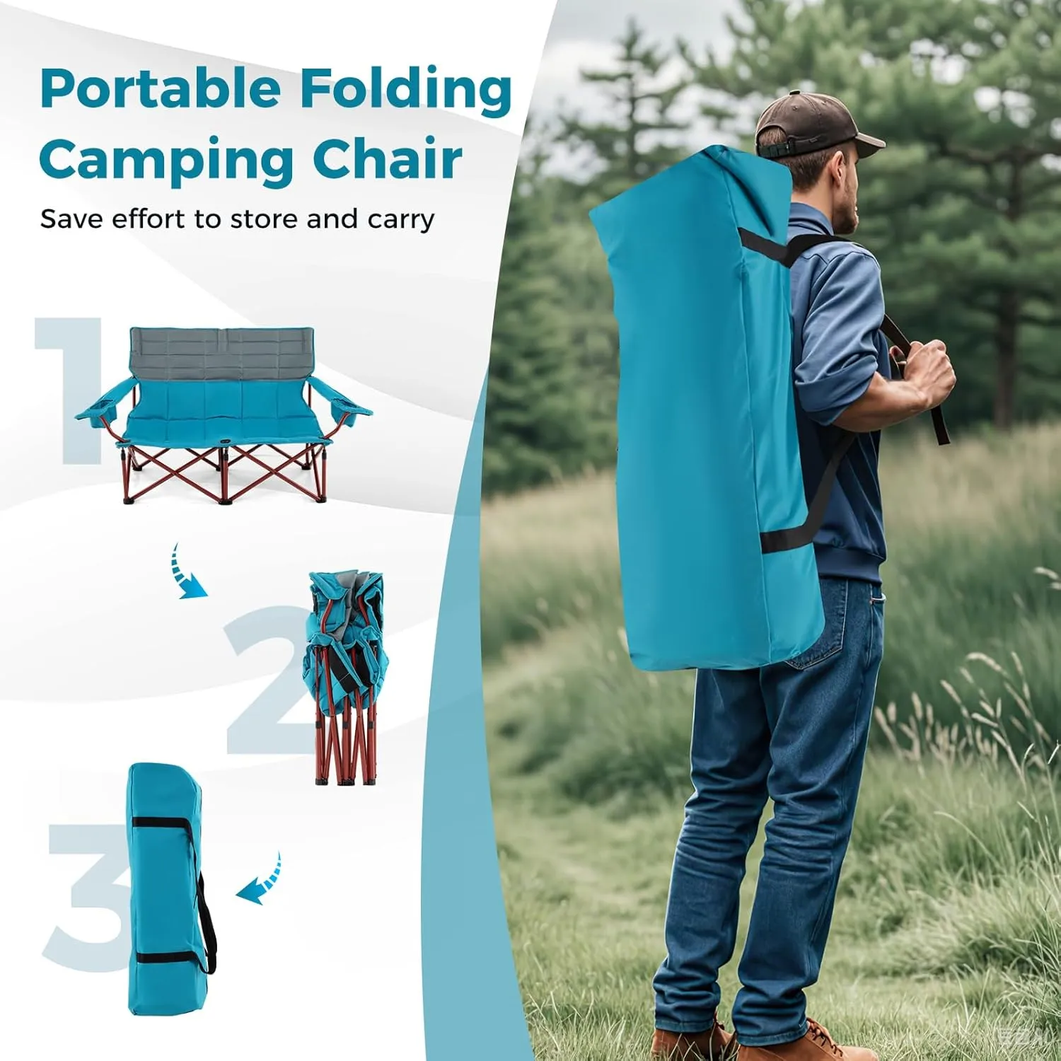 Tangkula 2 Person Oversized Camping Chair, Fully Padded Folding Loveseat Camp Chair with Adjustable Armrests, Cup Holders, Carrying Bag, Portable Double Outdoor Lawn Chair for Camping