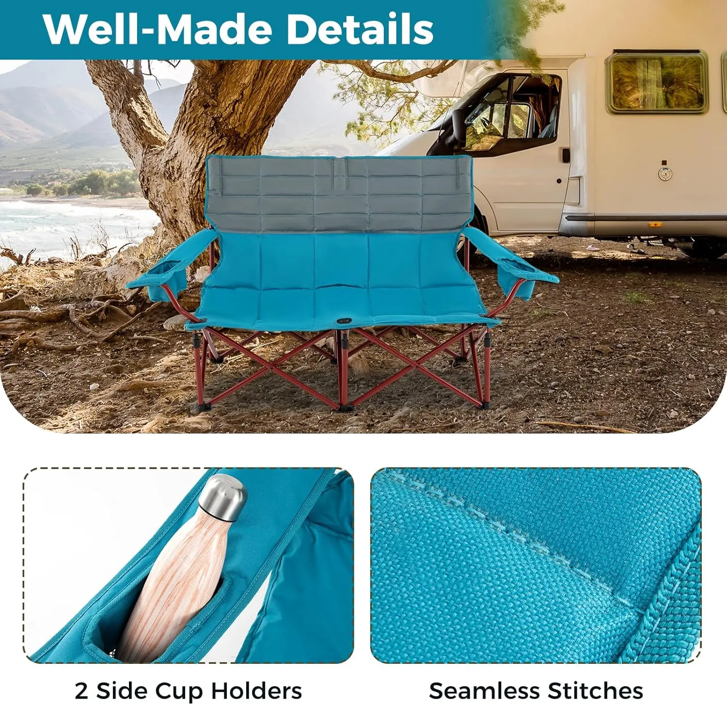 Tangkula 2 Person Oversized Camping Chair, Fully Padded Folding Loveseat Camp Chair with Adjustable Armrests, Cup Holders, Carrying Bag, Portable Double Outdoor Lawn Chair for Camping