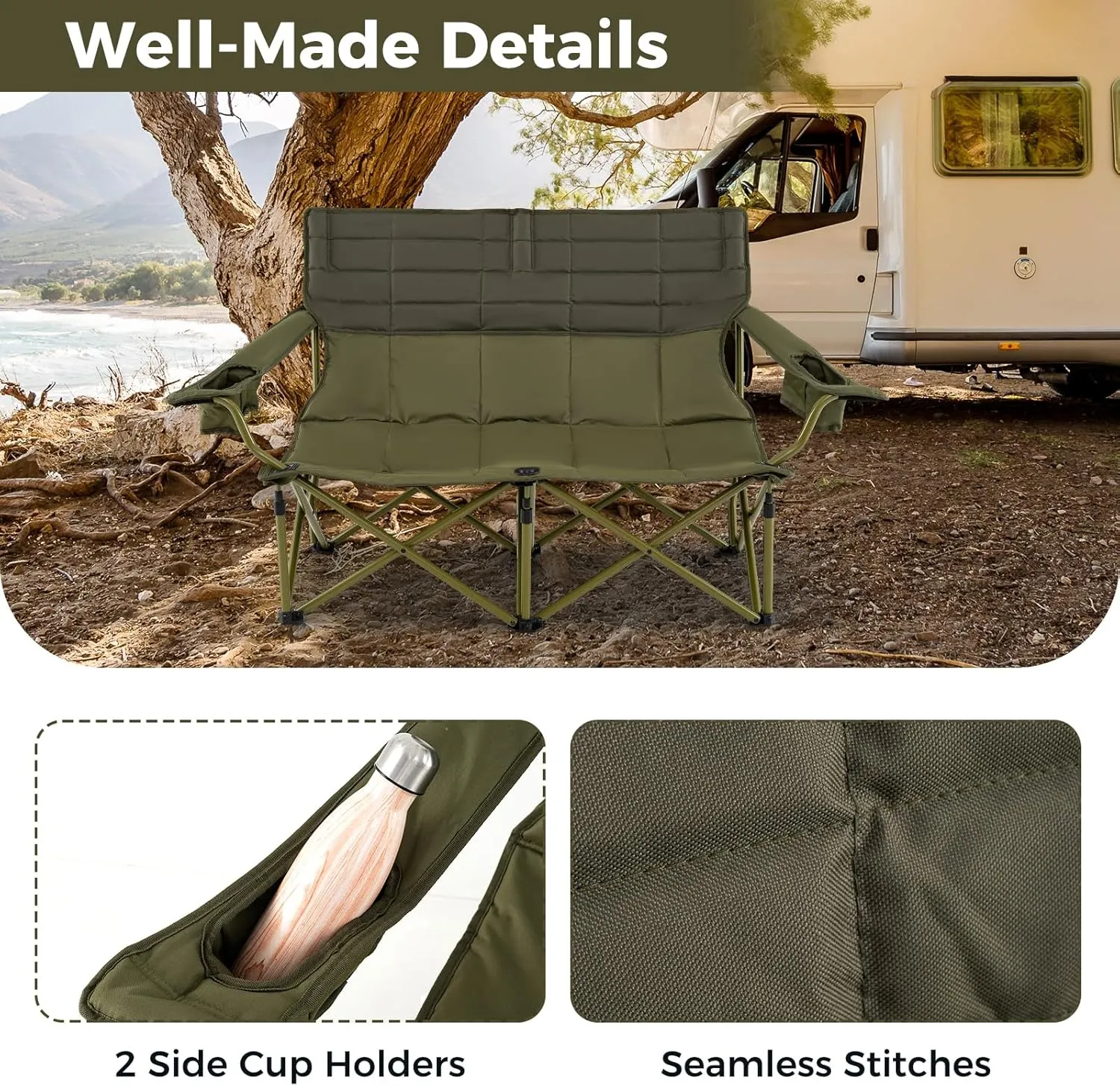 Tangkula 2 Person Oversized Camping Chair, Fully Padded Folding Loveseat Camp Chair with Adjustable Armrests, Cup Holders, Carrying Bag, Portable Double Outdoor Lawn Chair for Camping