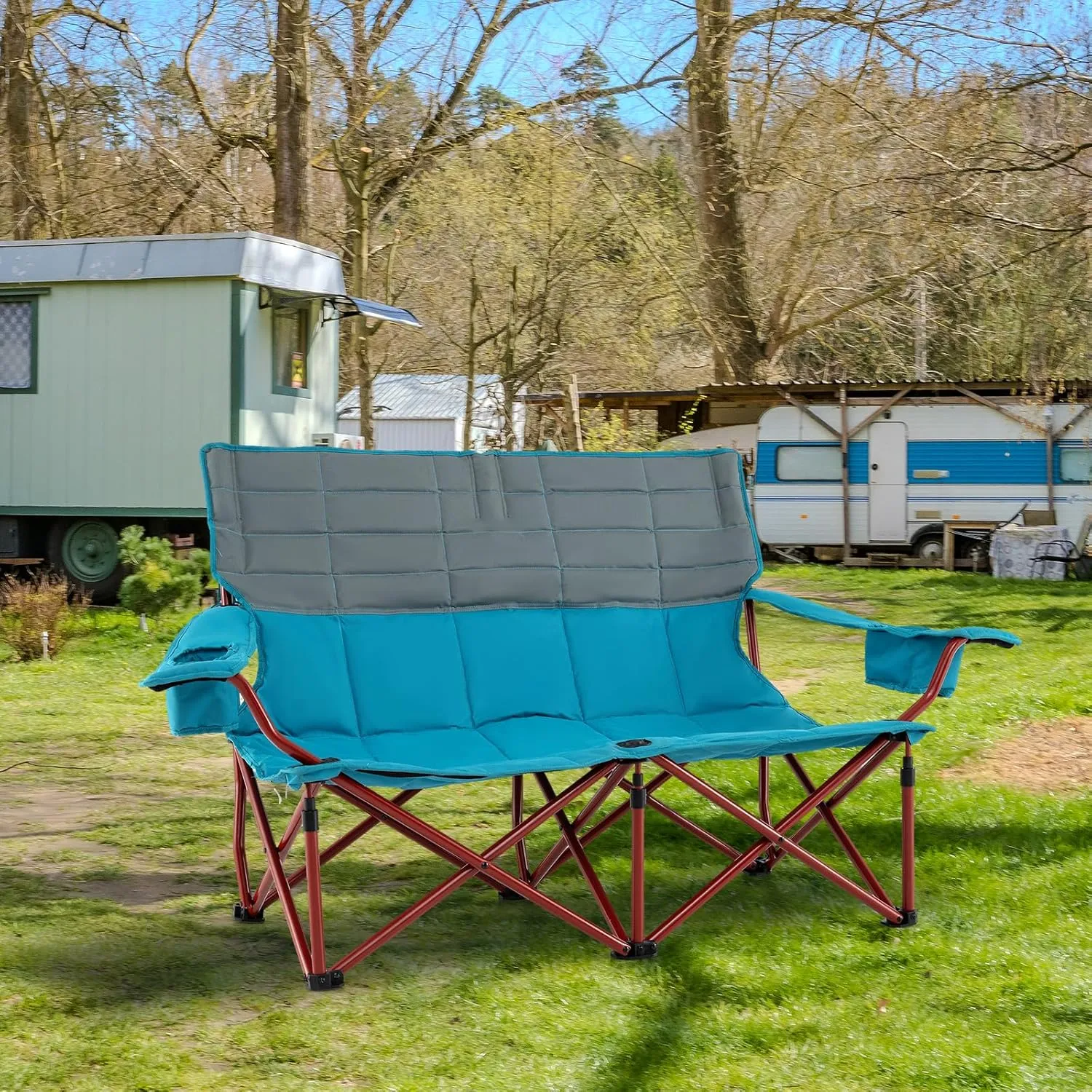 Tangkula 2 Person Oversized Camping Chair, Fully Padded Folding Loveseat Camp Chair with Adjustable Armrests, Cup Holders, Carrying Bag, Portable Double Outdoor Lawn Chair for Camping