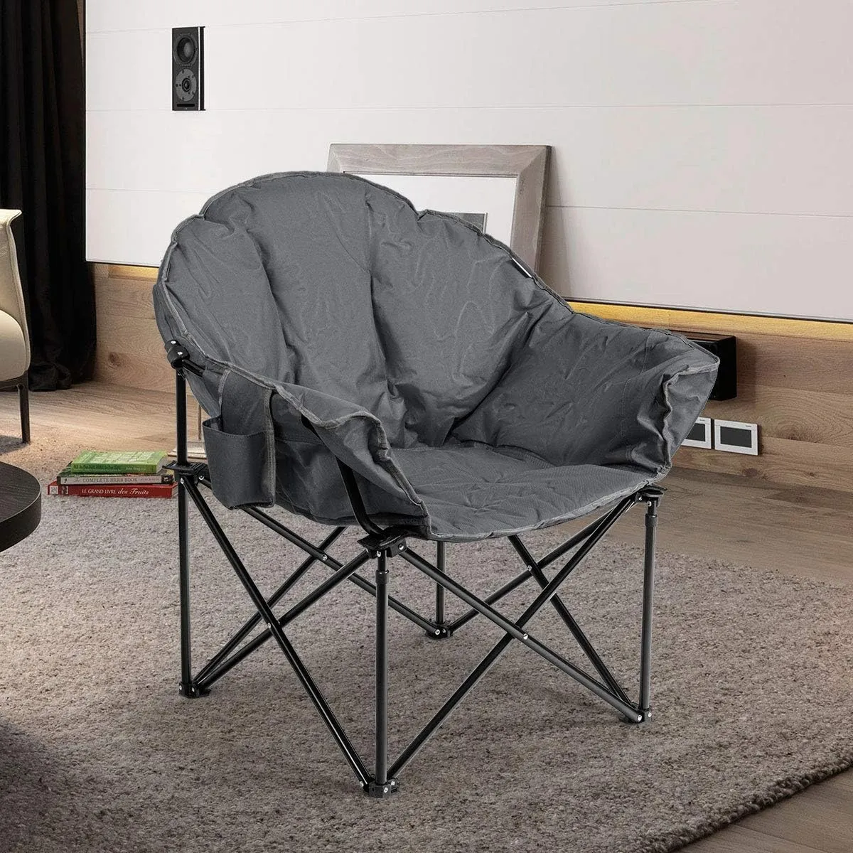 Tangkula Oversized Camping Chair, Outdoor Padded Folding Chair with Cup Holder, Moon Round Saucer Club Chair, Outside Foldable Camp Chair with Carry Bag for Picnic, Fishing, Hiking, Beach (1, Grey)