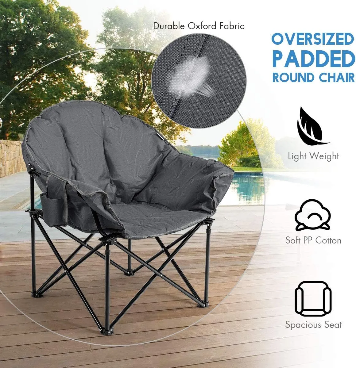 Tangkula Oversized Camping Chair, Outdoor Padded Folding Chair with Cup Holder, Moon Round Saucer Club Chair, Outside Foldable Camp Chair with Carry Bag for Picnic, Fishing, Hiking, Beach (1, Grey)