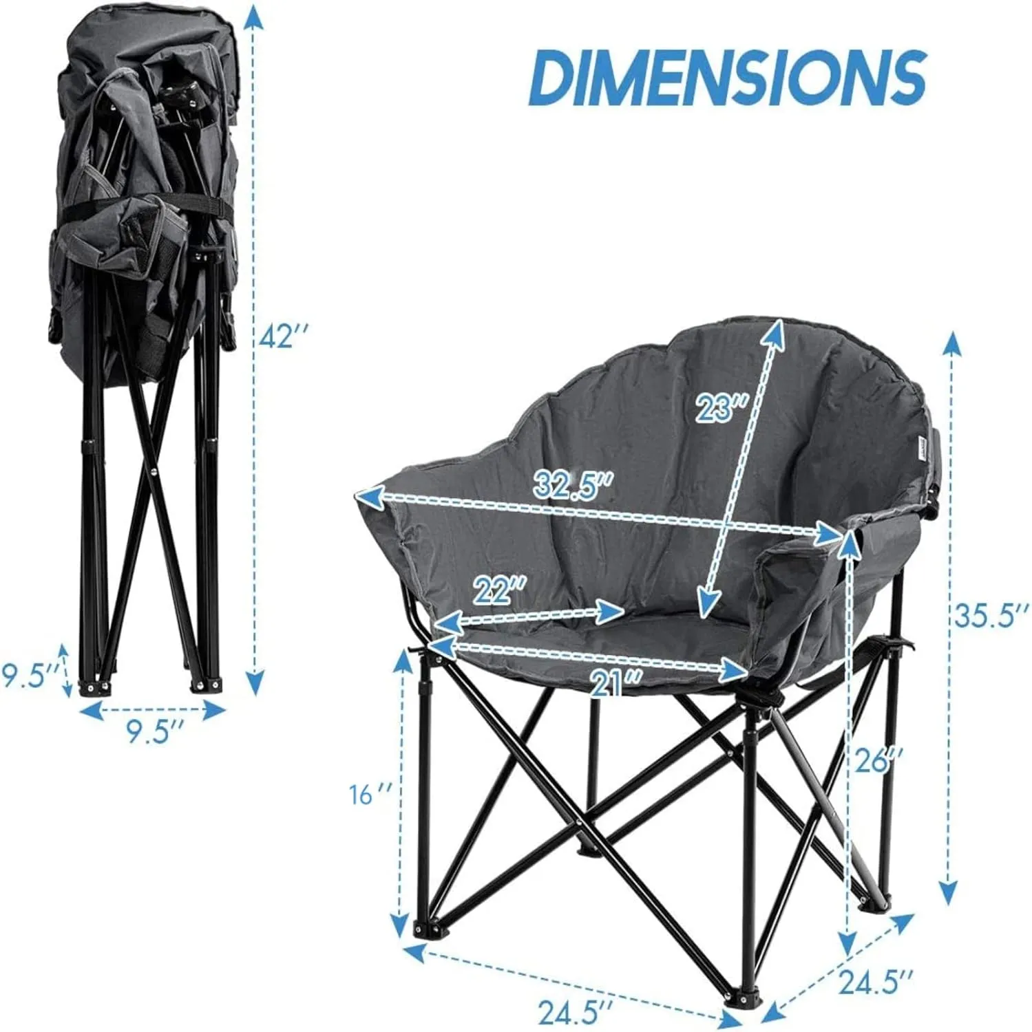 Tangkula Oversized Camping Chair, Outdoor Padded Folding Chair with Cup Holder, Moon Round Saucer Club Chair, Outside Foldable Camp Chair with Carry Bag for Picnic, Fishing, Hiking, Beach (1, Grey)