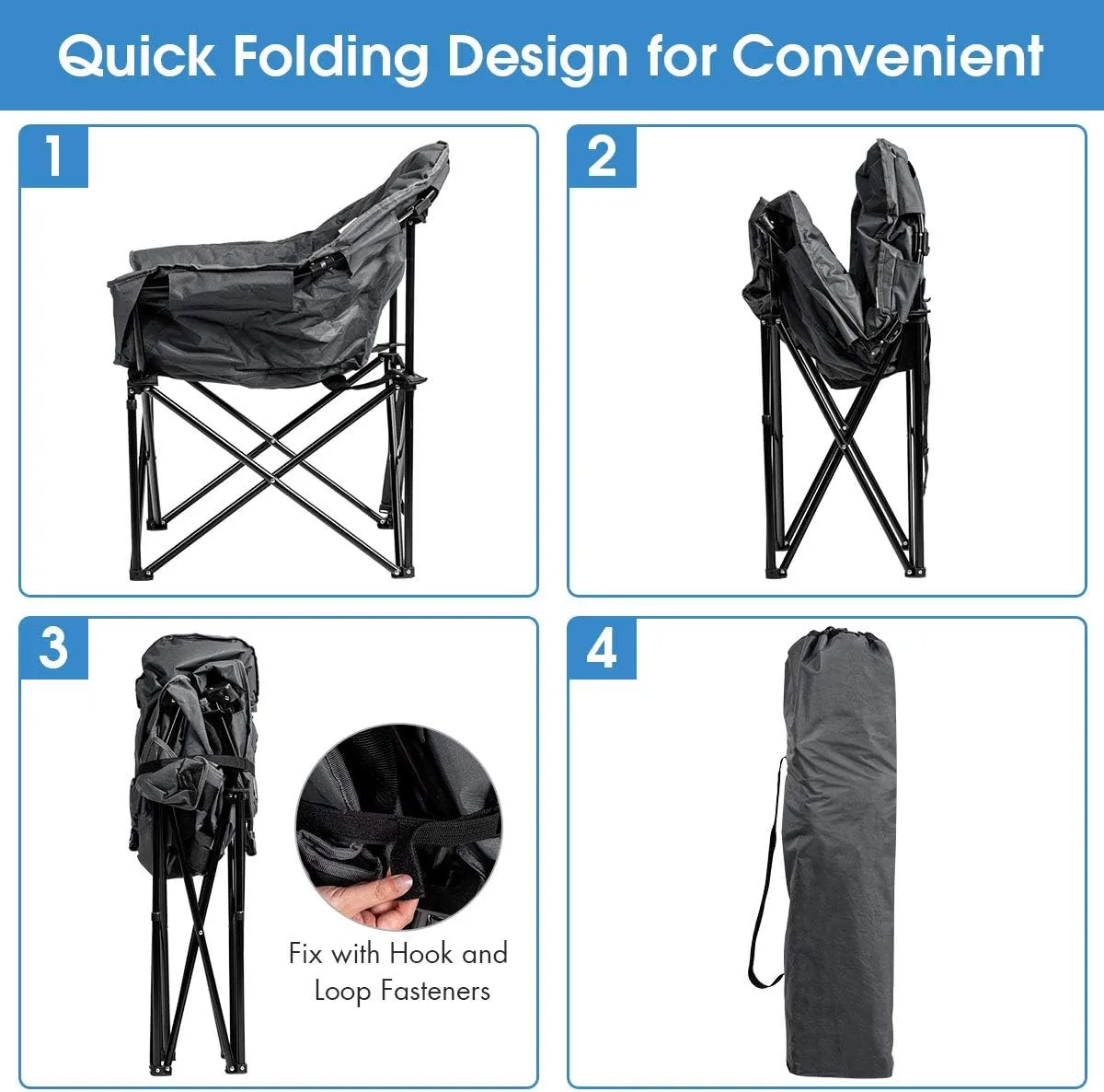 Tangkula Oversized Camping Chair, Outdoor Padded Folding Chair with Cup Holder, Moon Round Saucer Club Chair, Outside Foldable Camp Chair with Carry Bag for Picnic, Fishing, Hiking, Beach (1, Grey)