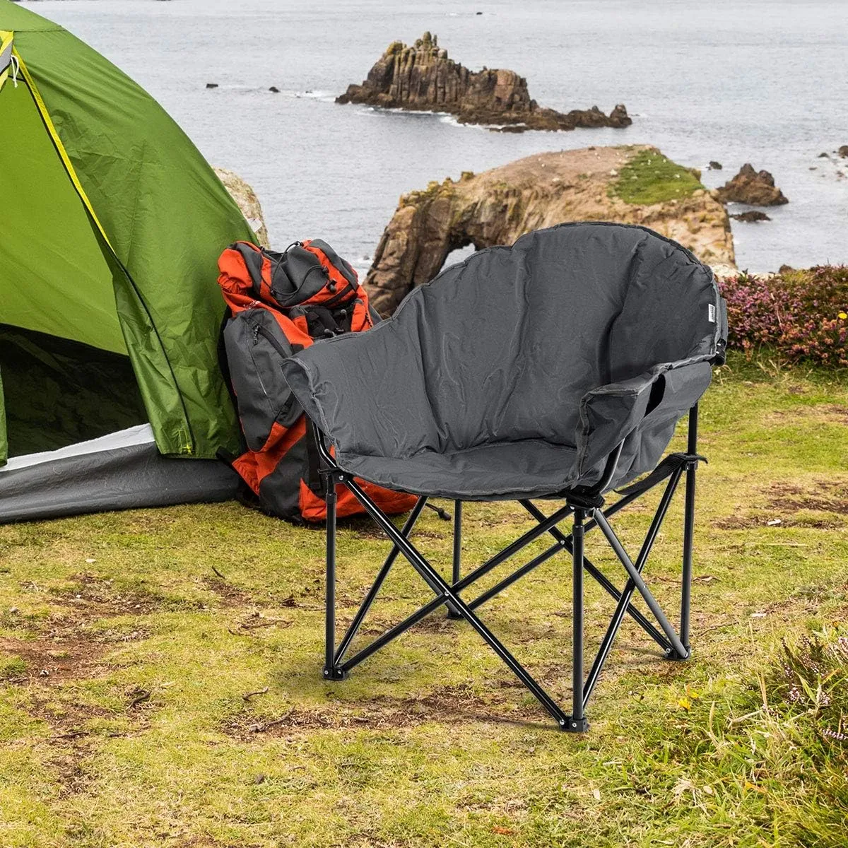 Tangkula Oversized Camping Chair, Outdoor Padded Folding Chair with Cup Holder, Moon Round Saucer Club Chair, Outside Foldable Camp Chair with Carry Bag for Picnic, Fishing, Hiking, Beach (1, Grey)