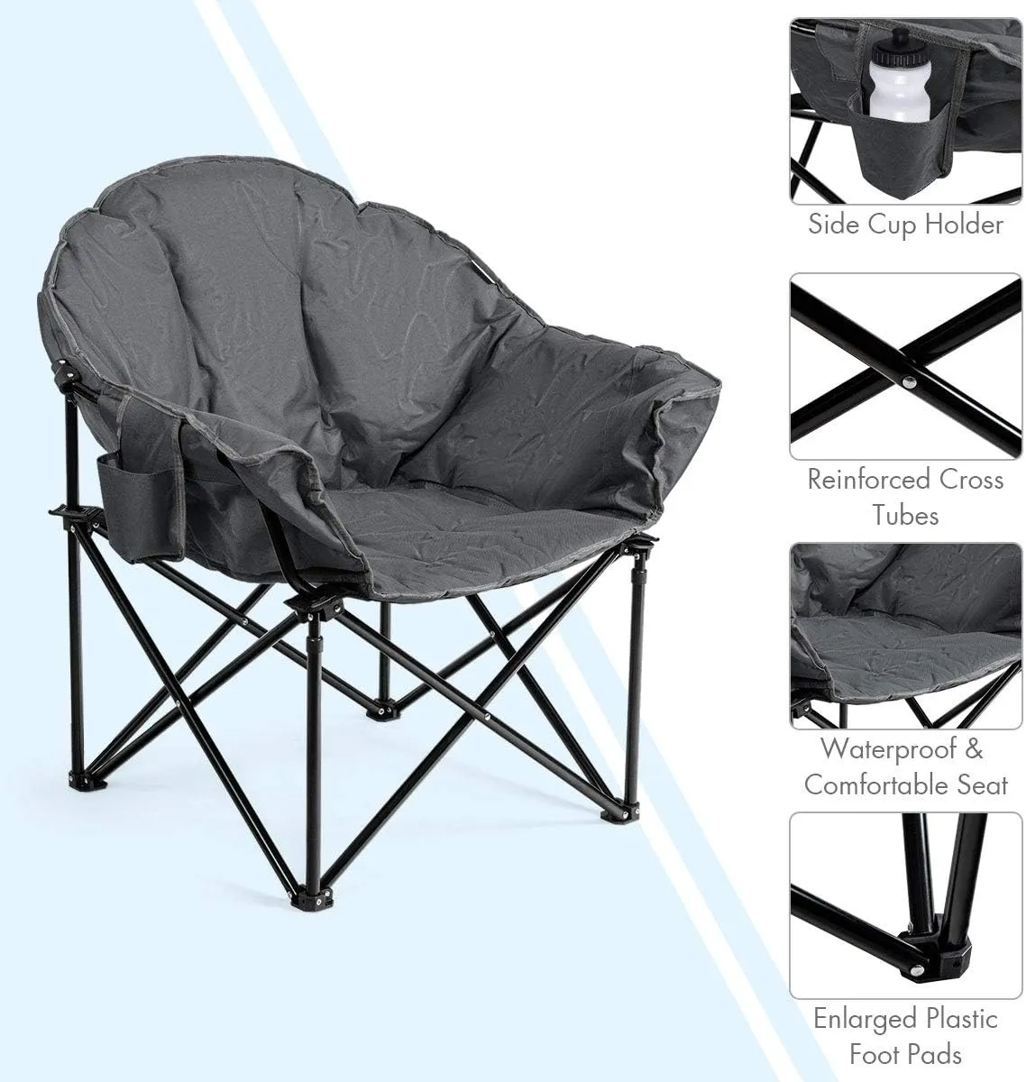 Tangkula Oversized Camping Chair, Outdoor Padded Folding Chair with Cup Holder, Moon Round Saucer Club Chair, Outside Foldable Camp Chair with Carry Bag for Picnic, Fishing, Hiking, Beach (1, Grey)