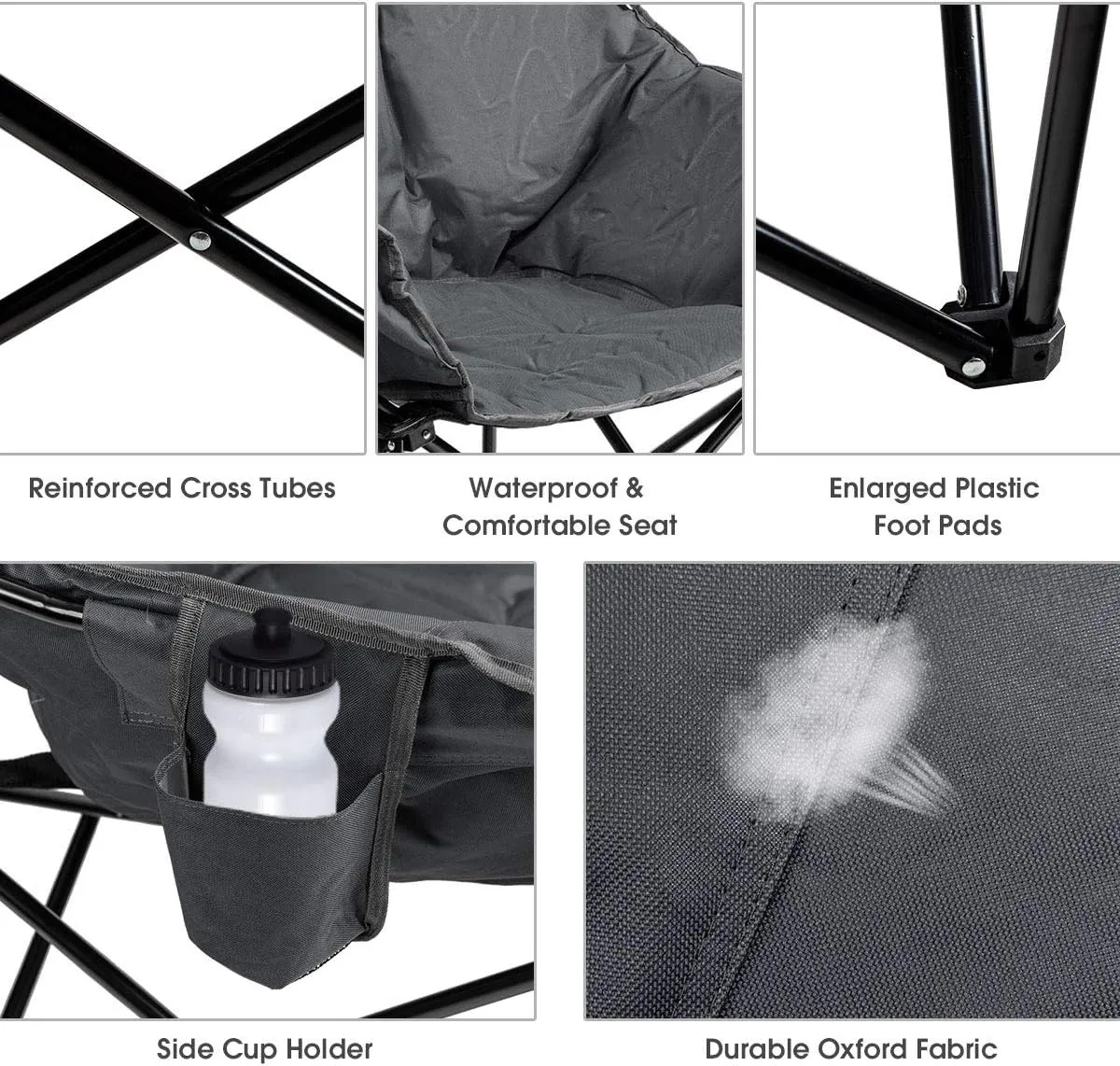 Tangkula Oversized Camping Chair, Outdoor Padded Folding Chair with Cup Holder, Moon Round Saucer Club Chair, Outside Foldable Camp Chair with Carry Bag for Picnic, Fishing, Hiking, Beach (1, Grey)