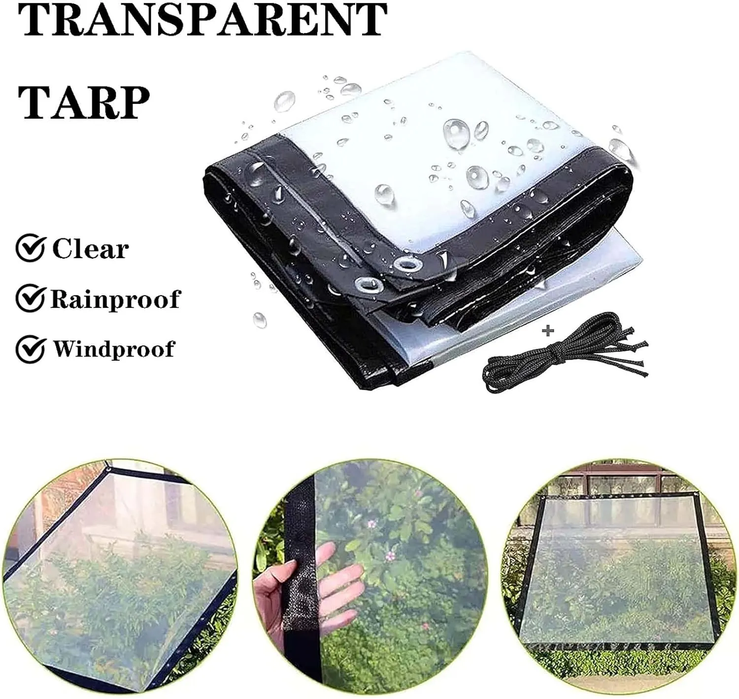 Tarpaulin Waterproof Heavy Duty 9.8x9.8ft, Plastic Transparent Tarp, PVC Material Outdoor Tarps with Eyelets, Dustproof, Windproof, for Boat Patio Garden Plants