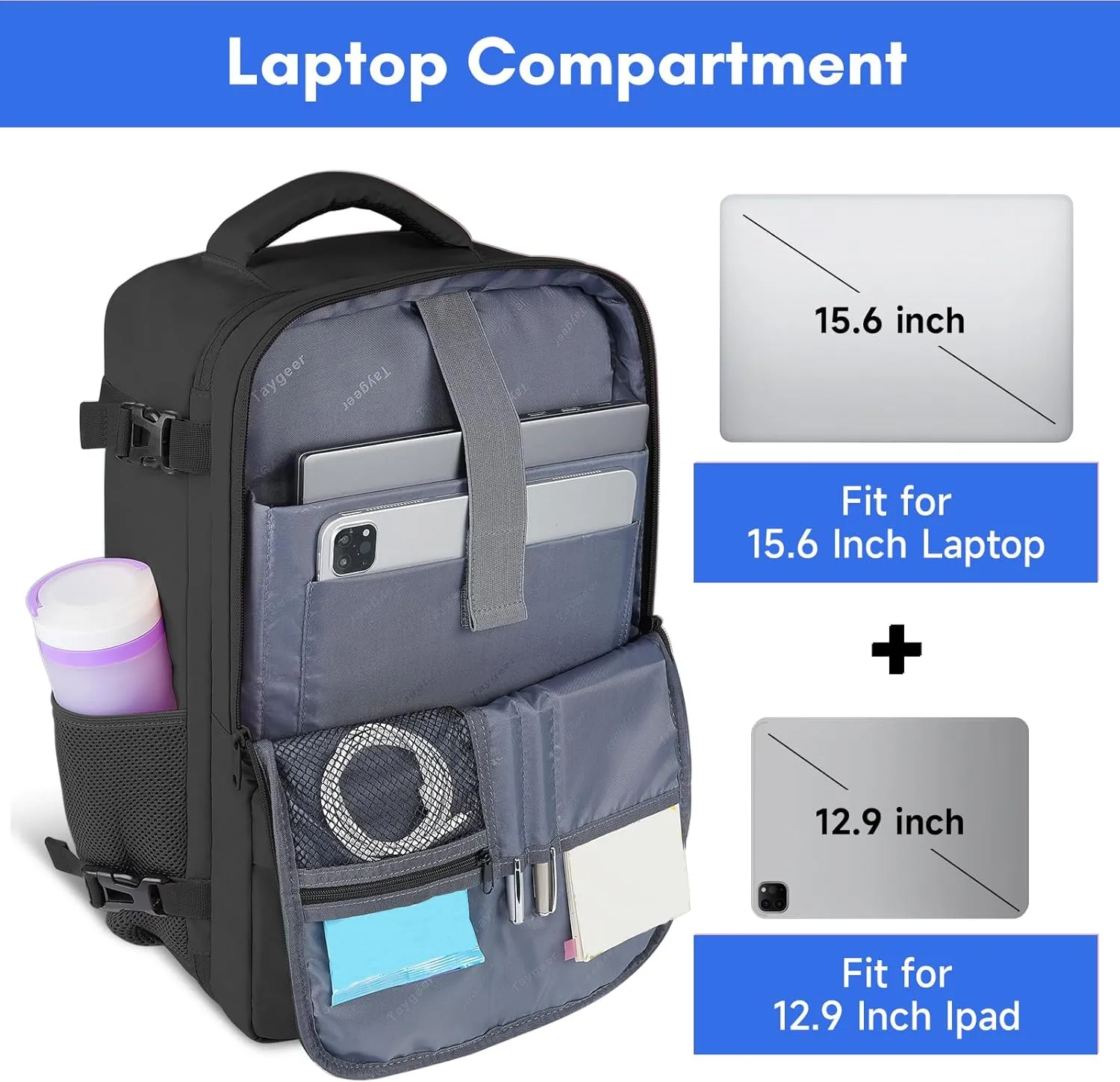 Taygeer Travel Laptop Backpack for Men Women, Airplane Approved Travel Backpack Suitcase with Usb Charging Port, Lightweight College 35l Luggage Bag 15.6inch Laptop Mochila Gifts for Business,Black