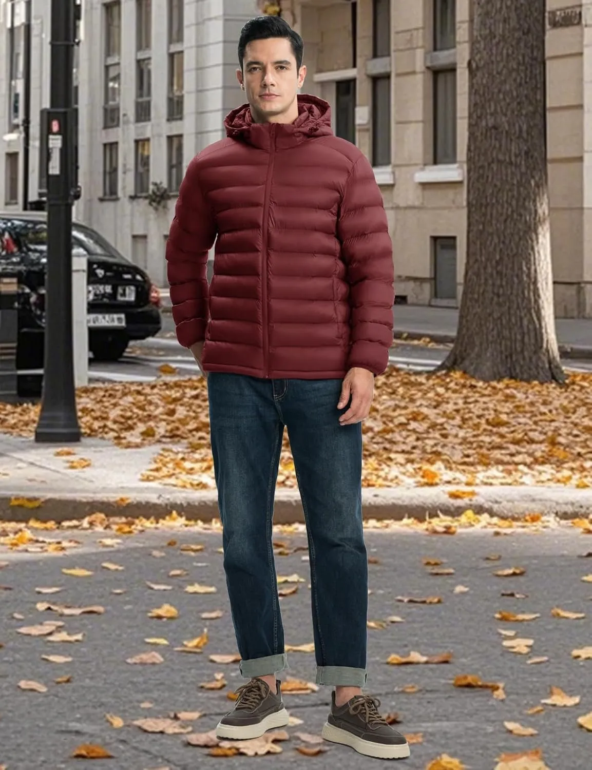 TBMPOY Men's Lightweight Puffer Jackets Detachable Hood Water-Resistant Casual Winter Coat Hooded Insulated for Travel Ski