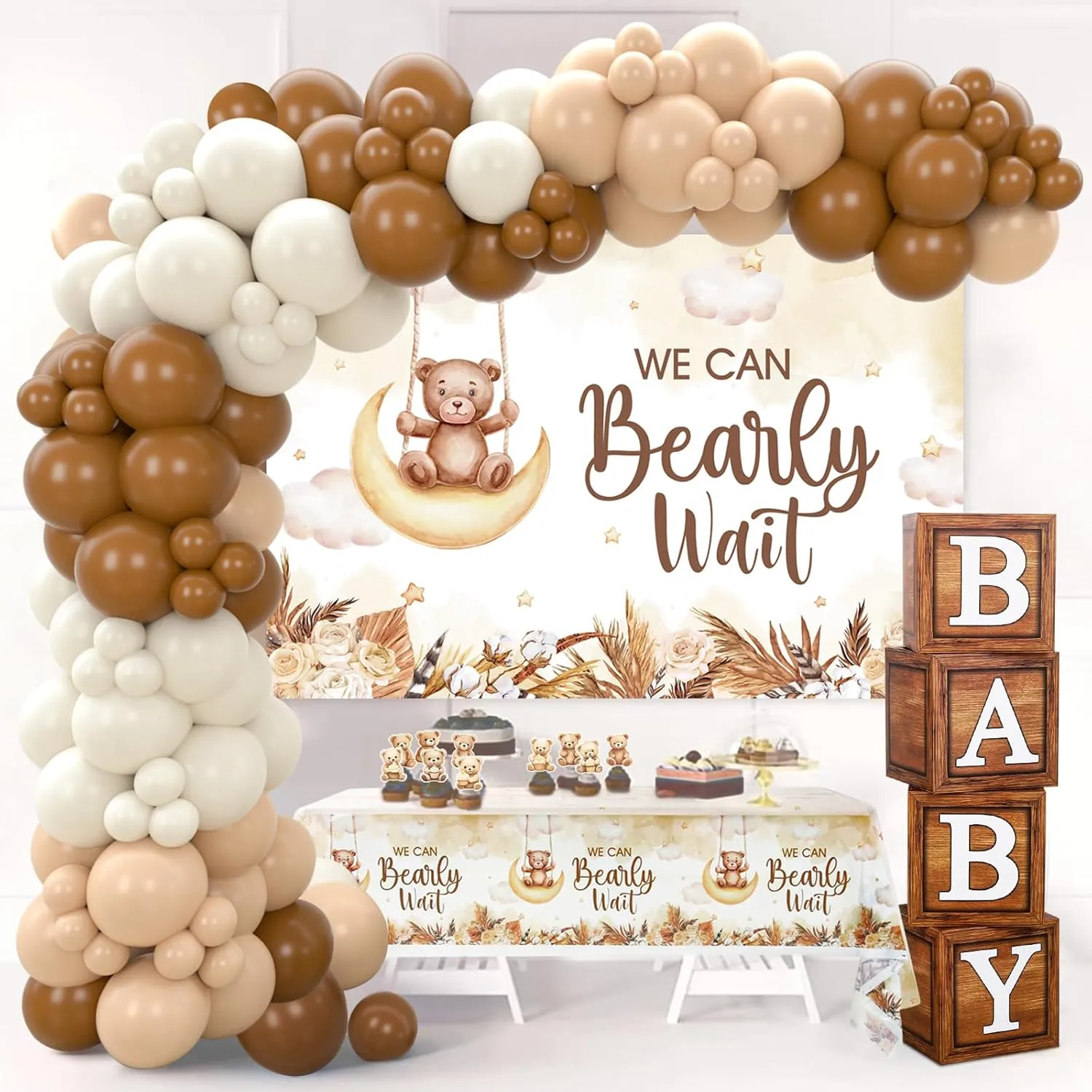 Teddy Bear Baby Shower Decorations - Baby Boxes with Letters,Boho Balloons,We Can Bearly Wait Backdrop,Cake Topper,Tablecloth for Baby Shower,Gender Reveal Party Supplies