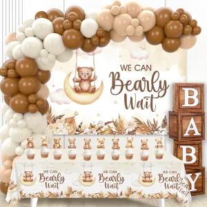Teddy Bear Baby Shower Decorations - Baby Boxes with Letters,Boho Balloons,We Can Bearly Wait Backdrop,Cake Topper,Tablecloth for Baby Shower,Gender Reveal Party Supplies