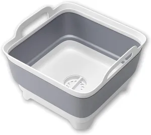 THANSTAR Collapsible Wash Basin, 9L/2.4Gal Foldable Sink with Drain Plug, 2-in-1 Dish Drying Rack & Storage Bucket, Portable Washing Bin for Kitchen/Camping/RV, BPA Free PP, Space-Saving Design, Gray