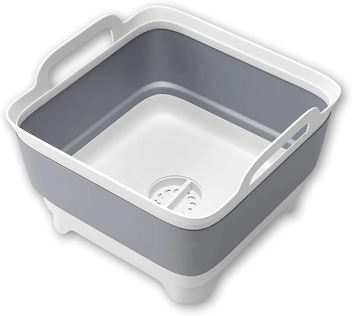 THANSTAR Collapsible Wash Basin, 9L/2.4Gal Foldable Sink with Drain Plug, 2-in-1 Dish Drying Rack & Storage Bucket, Portable Washing Bin for Kitchen/Camping/RV, BPA Free PP, Space-Saving Design, Gray