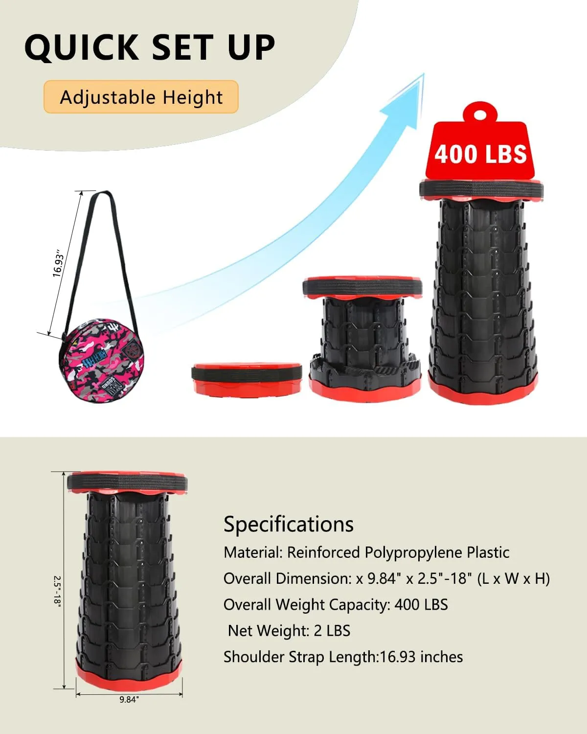 Thickened Collapsible Stool, Upgrade Foldable Stool, Portable Telescoping Seat, Adjustable Height Retractable for Fishing, Hiking, BBQ, Gardening, Outdoor Indoor Activities, Black and red