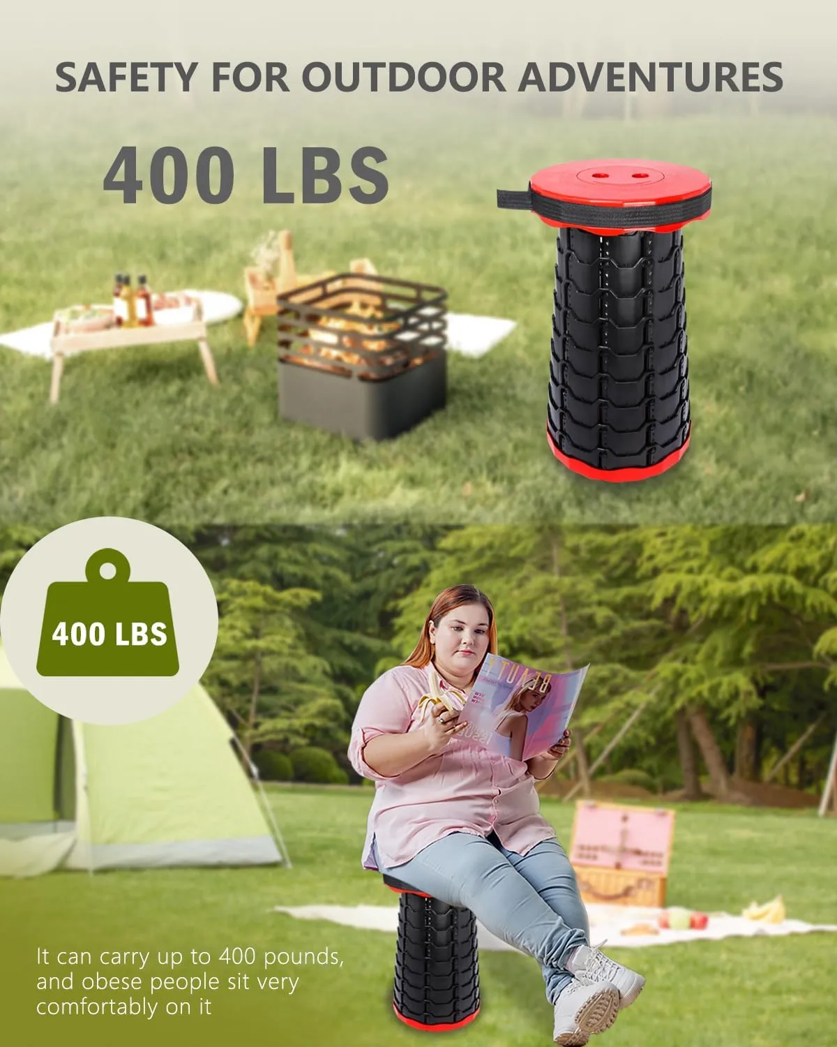 Thickened Collapsible Stool, Upgrade Foldable Stool, Portable Telescoping Seat, Adjustable Height Retractable for Fishing, Hiking, BBQ, Gardening, Outdoor Indoor Activities, Black and red