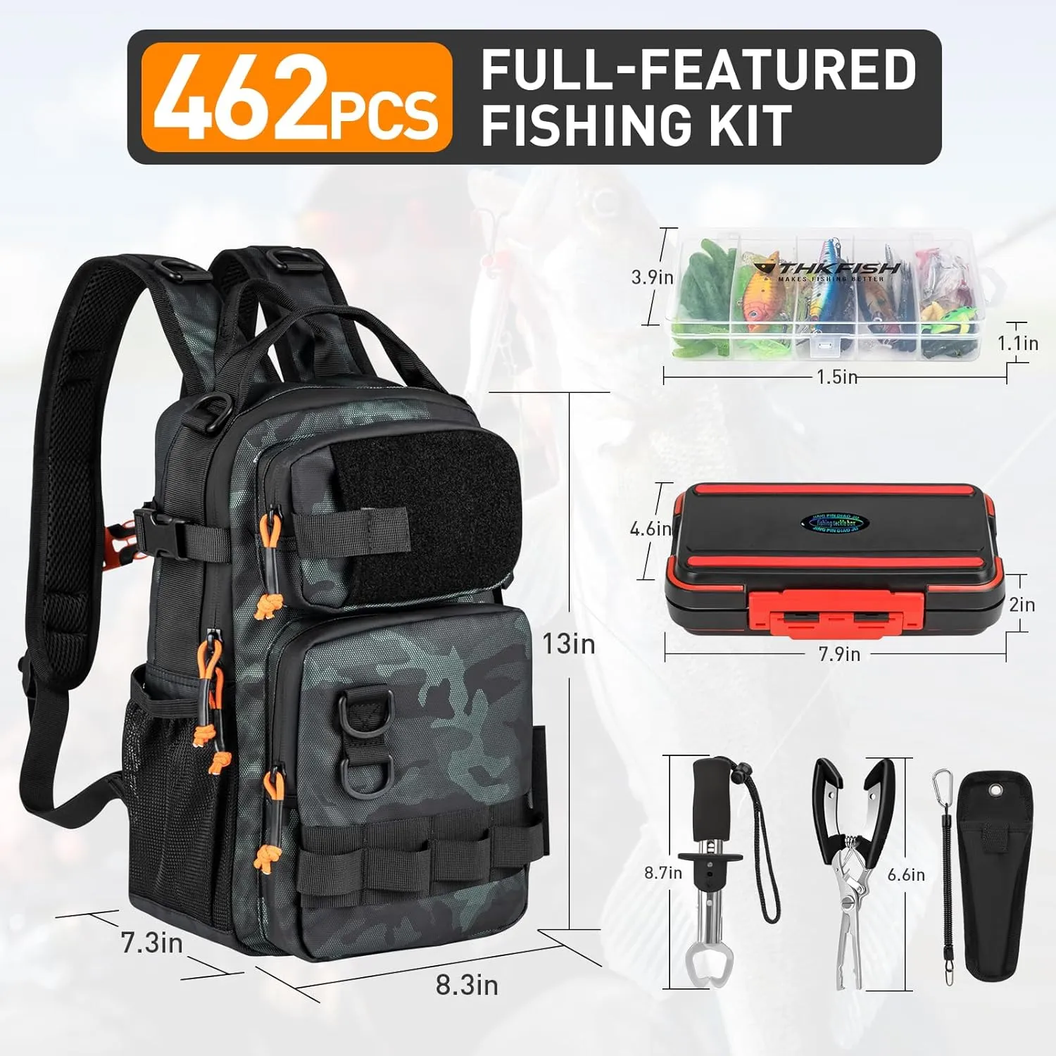 THKFISH 462 Pcs Fishing Tool Kit, Backpack and Tackle Box with Tackle Included Lures Hooks Sinkers Accessories Kit,Pliers, Fish Lip Gripper, Fishing Gear and Fishing Gift for Men