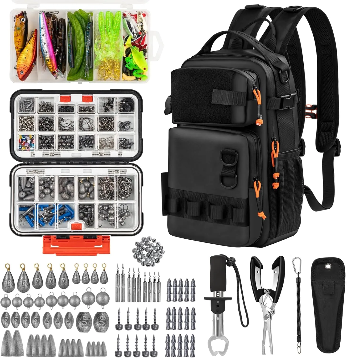 THKFISH 462 Pcs Fishing Tool Kit, Backpack and Tackle Box with Tackle Included Lures Hooks Sinkers Accessories Kit,Pliers, Fish Lip Gripper, Fishing Gear and Fishing Gift for Men
