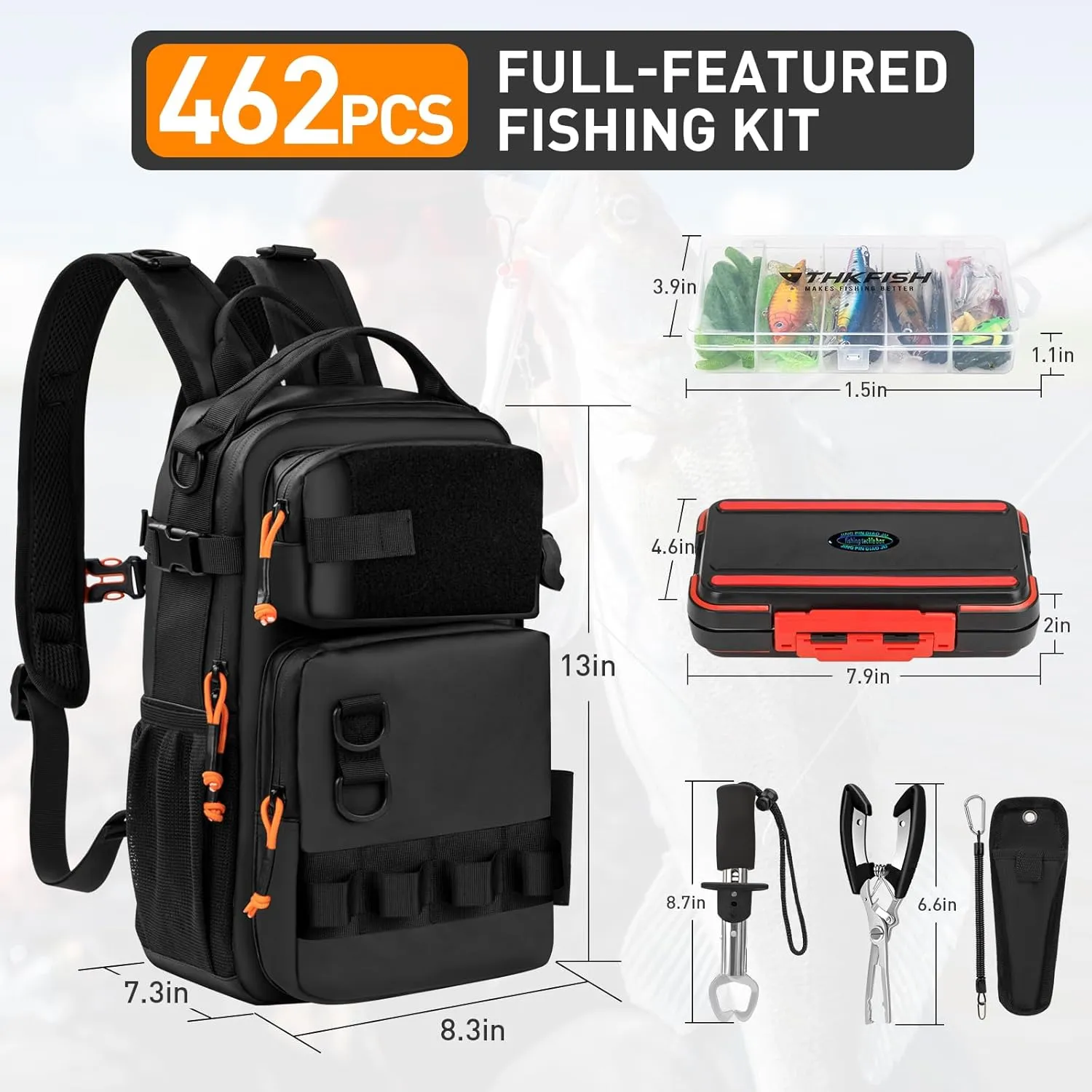 THKFISH 462 Pcs Fishing Tool Kit, Backpack and Tackle Box with Tackle Included Lures Hooks Sinkers Accessories Kit,Pliers, Fish Lip Gripper, Fishing Gear and Fishing Gift for Men
