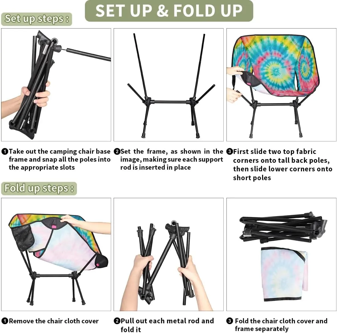 Tie-dye Trendy Portable Camping Chair Backpacking Chair Ultra Lightweight Compact Folding Chairs for Outside Beach Picnic Hiking