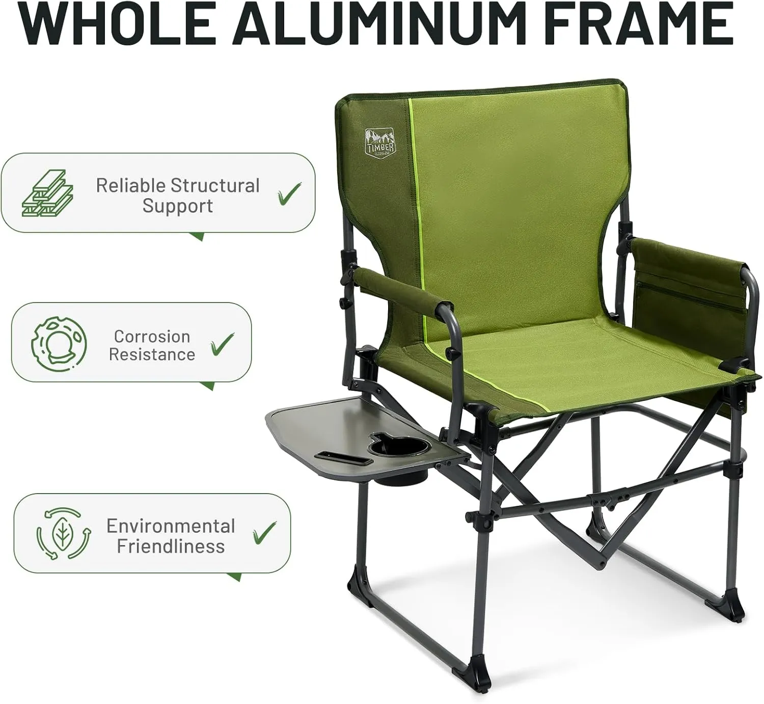 TIMBER RIDGE Aluminum Camping Directors Chair with Side Table Pocket, Portable Folding Chair, Heavy Duty Lawn Chair for Fishing Trip Picnic Concert Outdoor 400lbs, Green 2 Pack