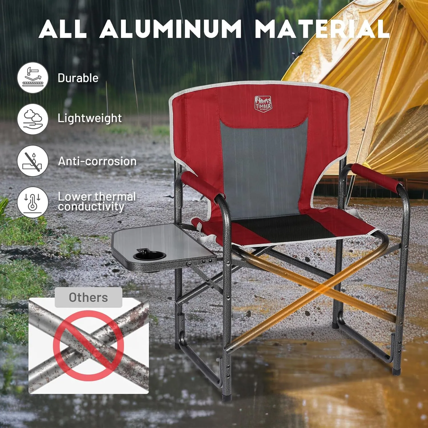 TIMBER RIDGE Aluminum Oversized Camping Chair, Lightweight Portable Directors Chair with Side Table Detachable Side Pocket for Outdoor Camping, Lawn, Picnic, Support 400lbs Red 2 Pack